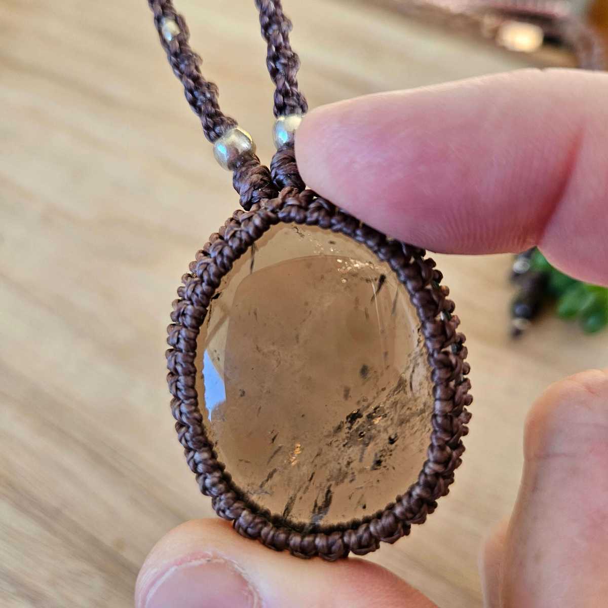 Smoky Quartz & Silver Macrame Necklace - Matte Brown image 1