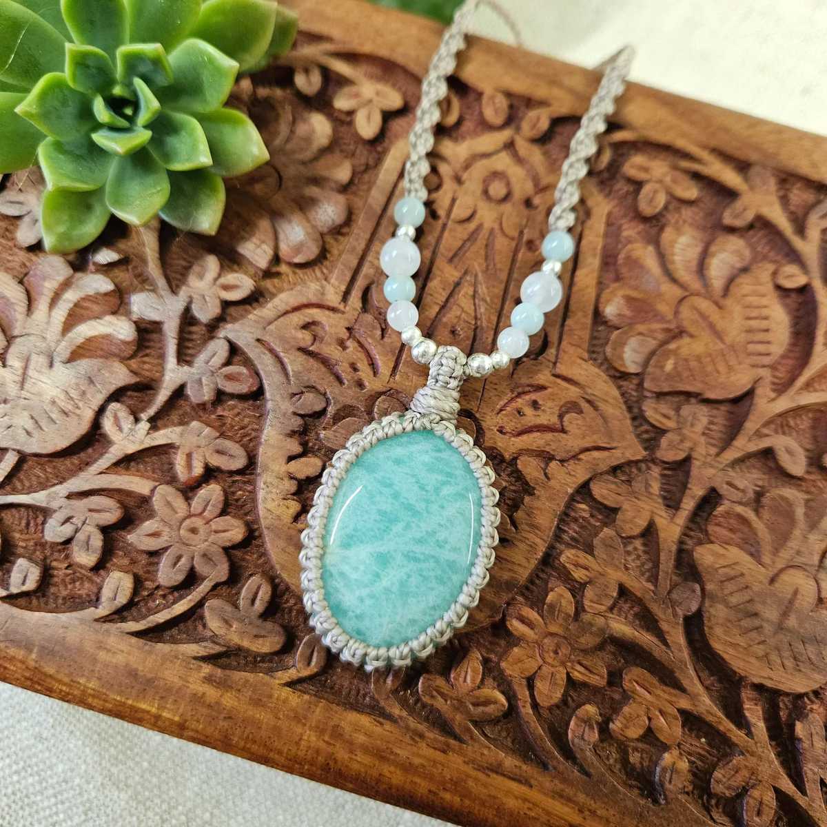 Amazonite Oval Pendant Necklace - Taupe - Soulful Stones