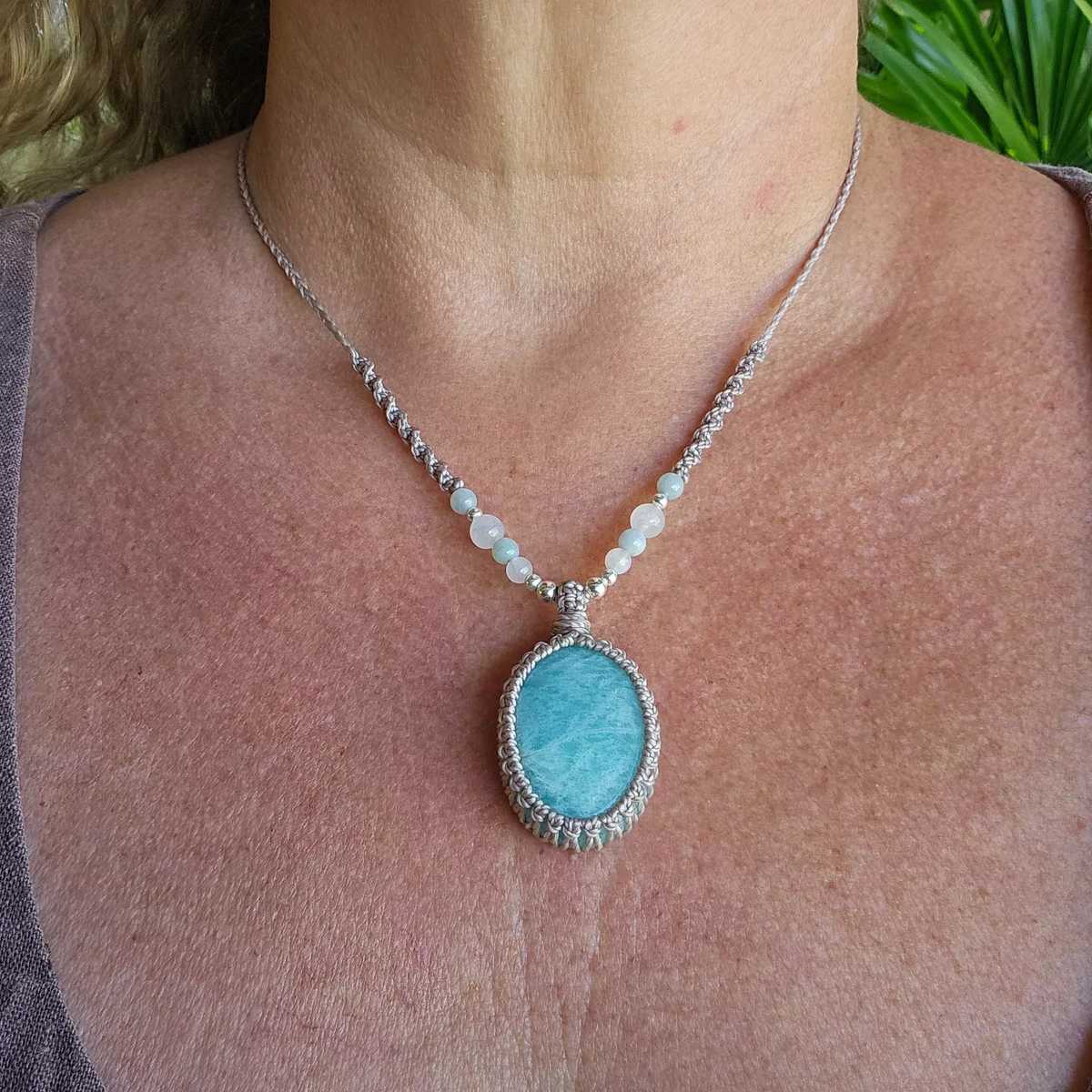 Amazonite Oval Pendant Necklace - Taupe - Soulful Stones