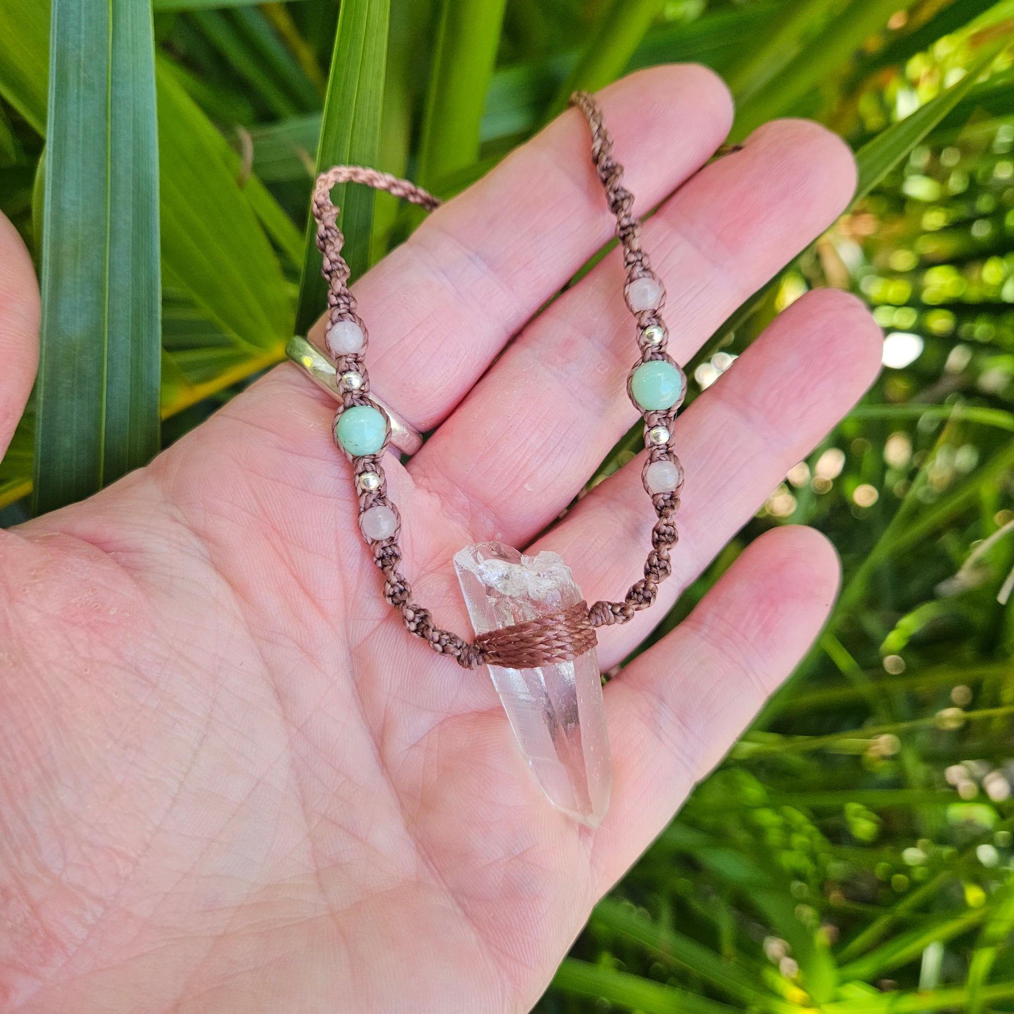 Lemurian Quartz Point Necklace - Rose Quartz & Chrysoprase