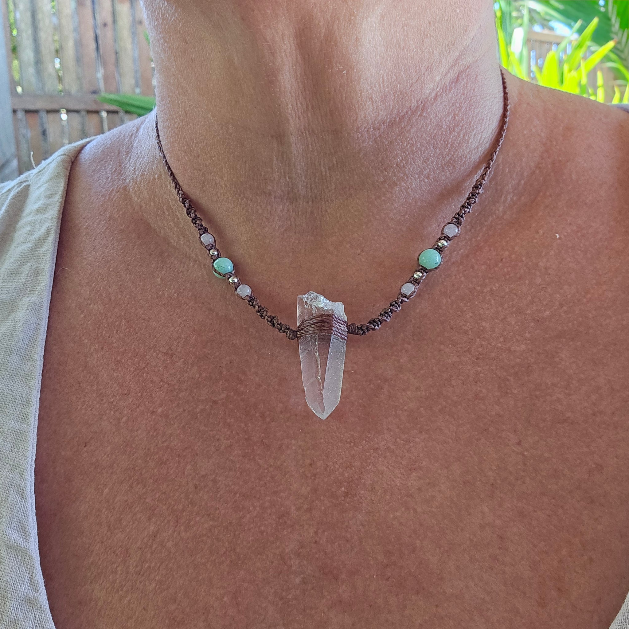 Lemurian Quartz Point Necklace - Rose Quartz & Chrysoprase