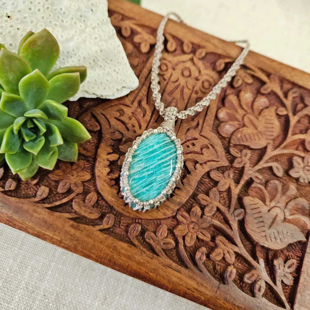 Amazonite Oval Pendant Necklace - Silver & Taupe - Soulful Stones