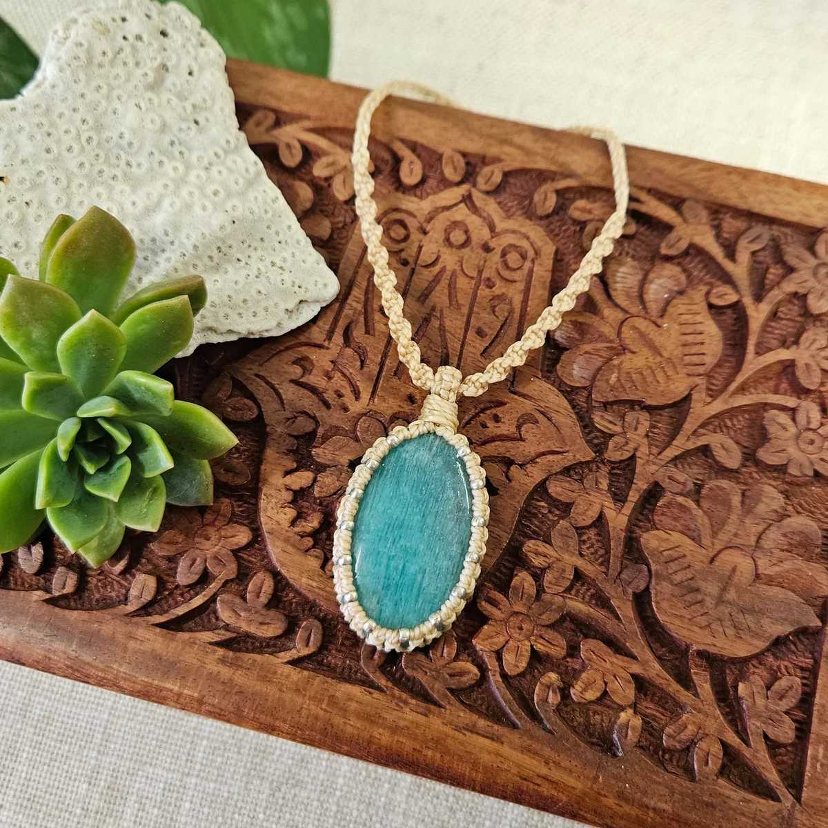 Amazonite Oval Pendant Necklace - Silver & Cream - Soulful Stones