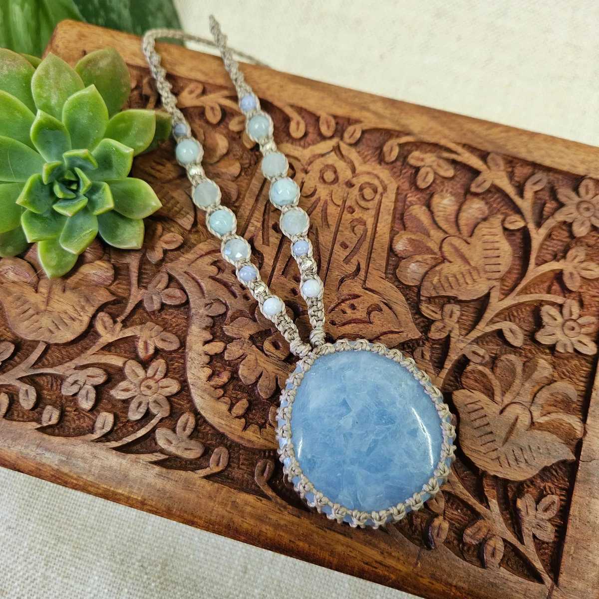 Blue Calcite Macrame Necklace - Taupe - Soulful Stones