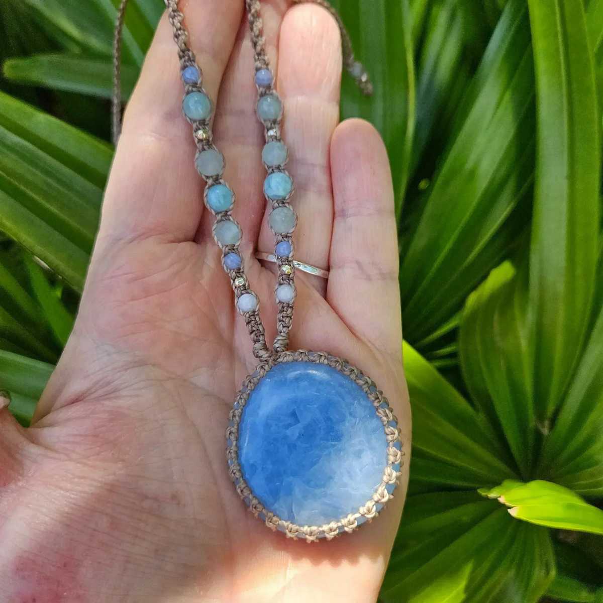 Blue Calcite Macrame Necklace - Taupe - Soulful Stones