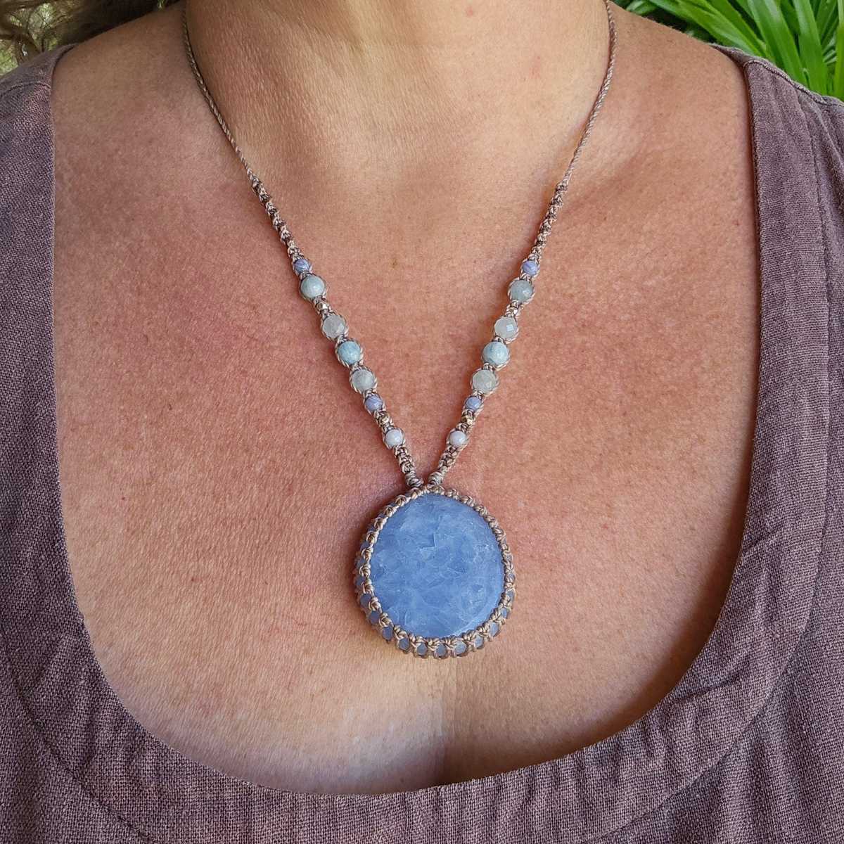 Blue Calcite Macrame Necklace - Taupe - Soulful Stones