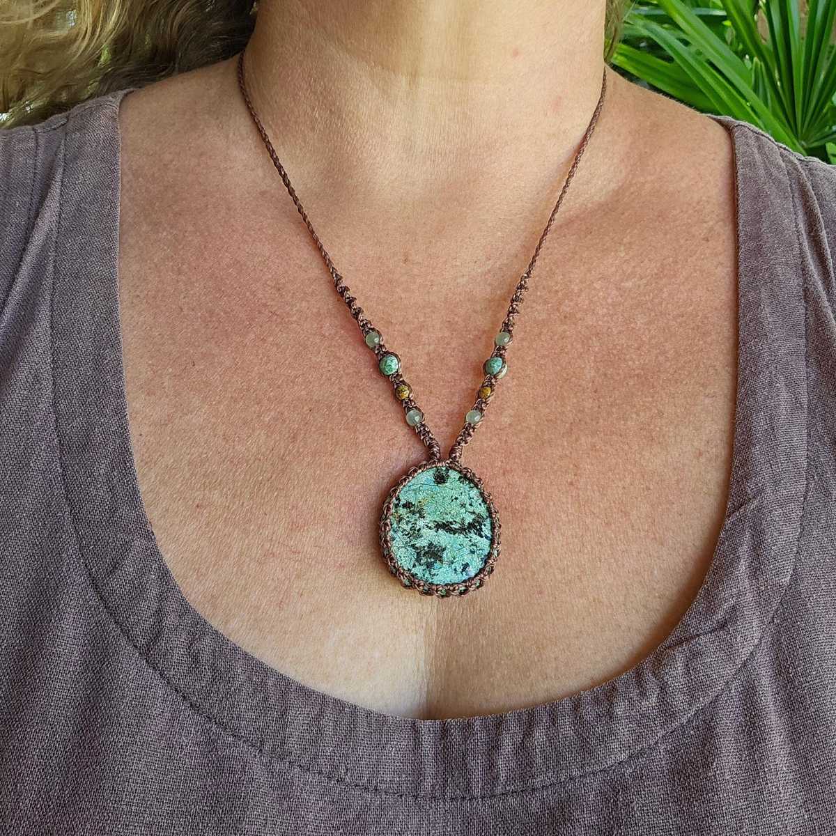 African Turquoise Macrame Necklace - Coffee - Soulful Stones