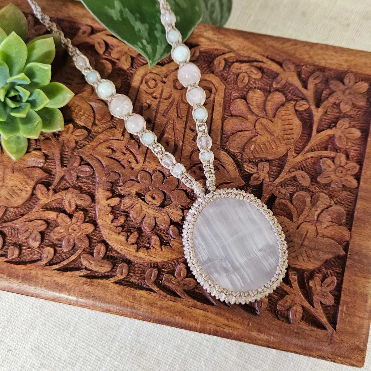 Pink Calcite Macrame Necklace - Taupe