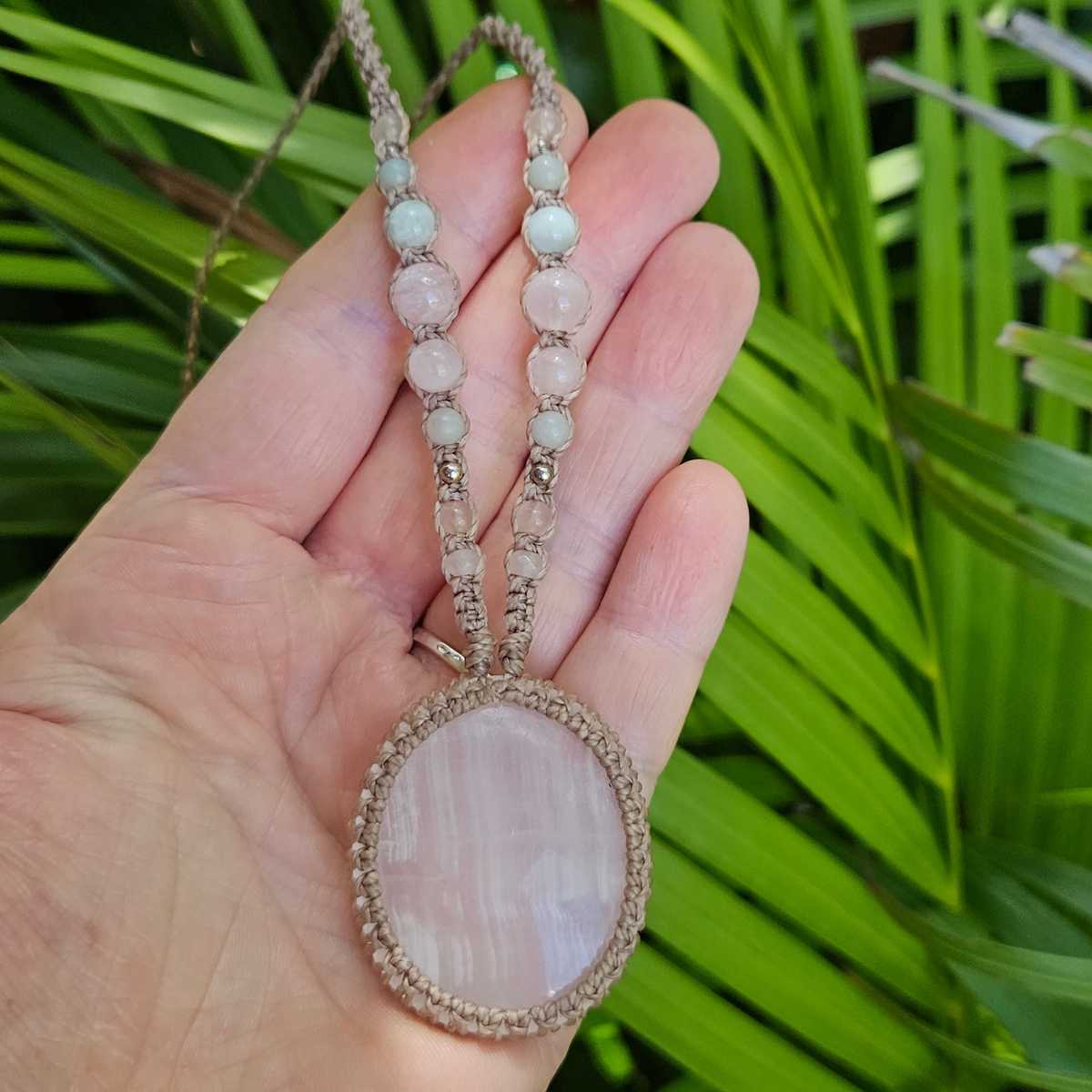 Pink Calcite Macrame Necklace - Taupe