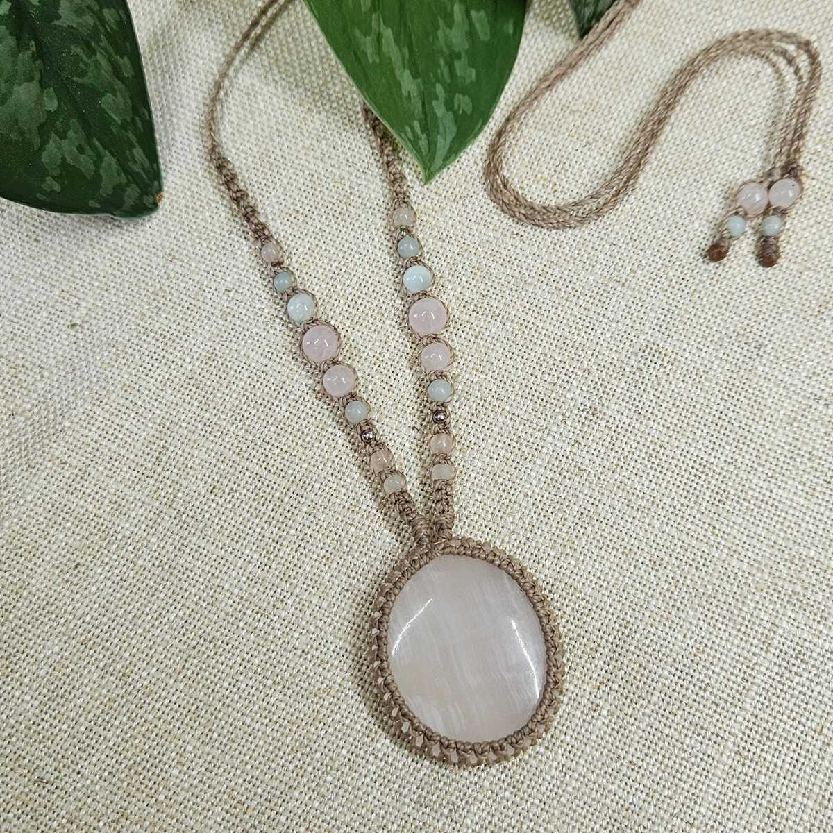 Pink Calcite Macrame Necklace - Taupe