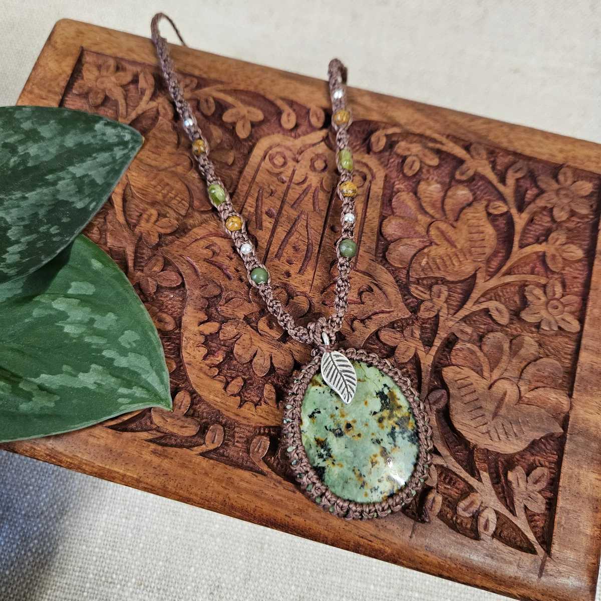 African Turquoise Macrame Leaf Necklace - Soulful Stones
