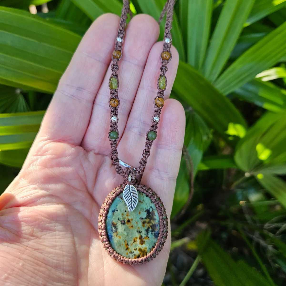 African Turquoise Macrame Leaf Necklace - Soulful Stones