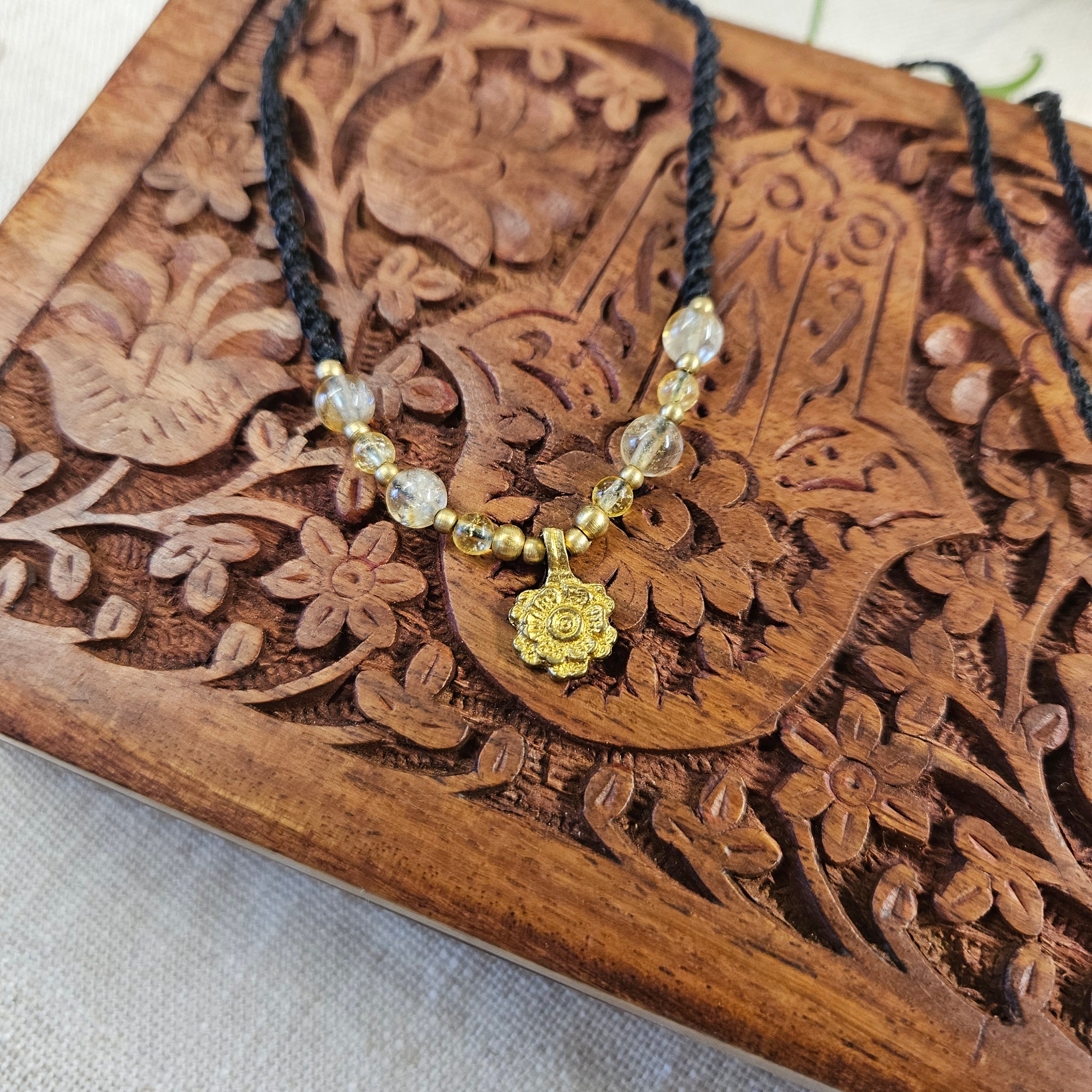 Brass Charm Macrame Necklace - Citrine & Flower
