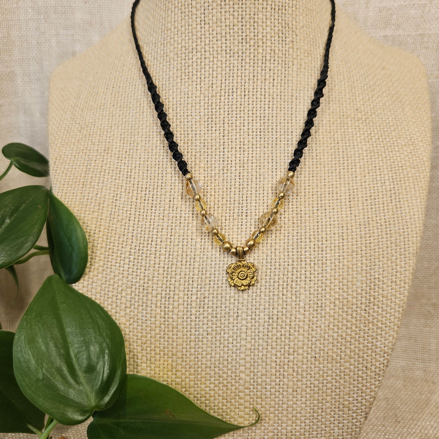 Brass Charm Macrame Necklace - Citrine & Flower