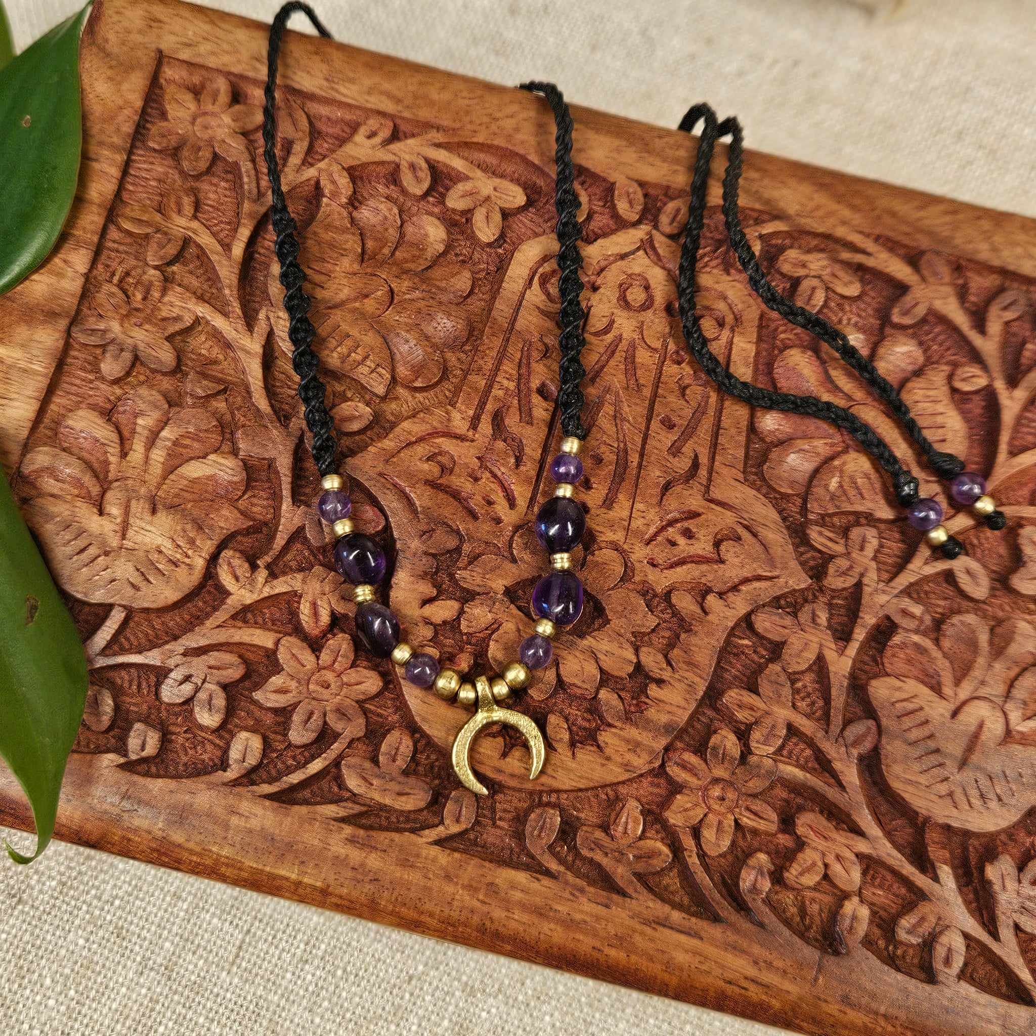 Brass Charm Macrame Necklace - Amethyst & Moon