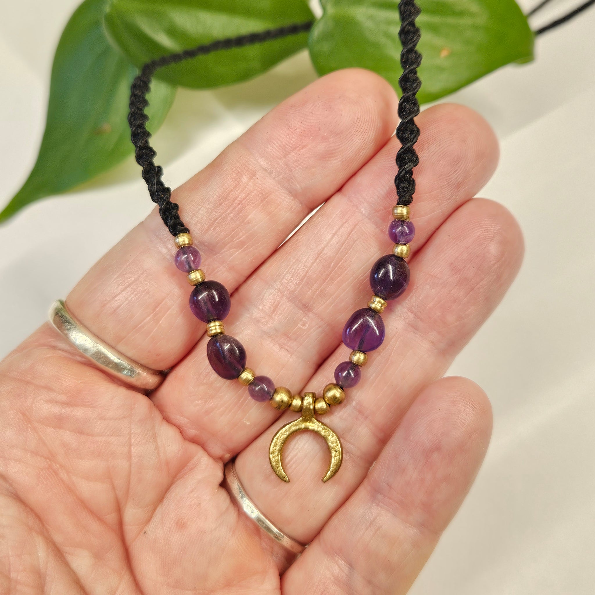 Brass Charm Macrame Necklace - Amethyst & Moon