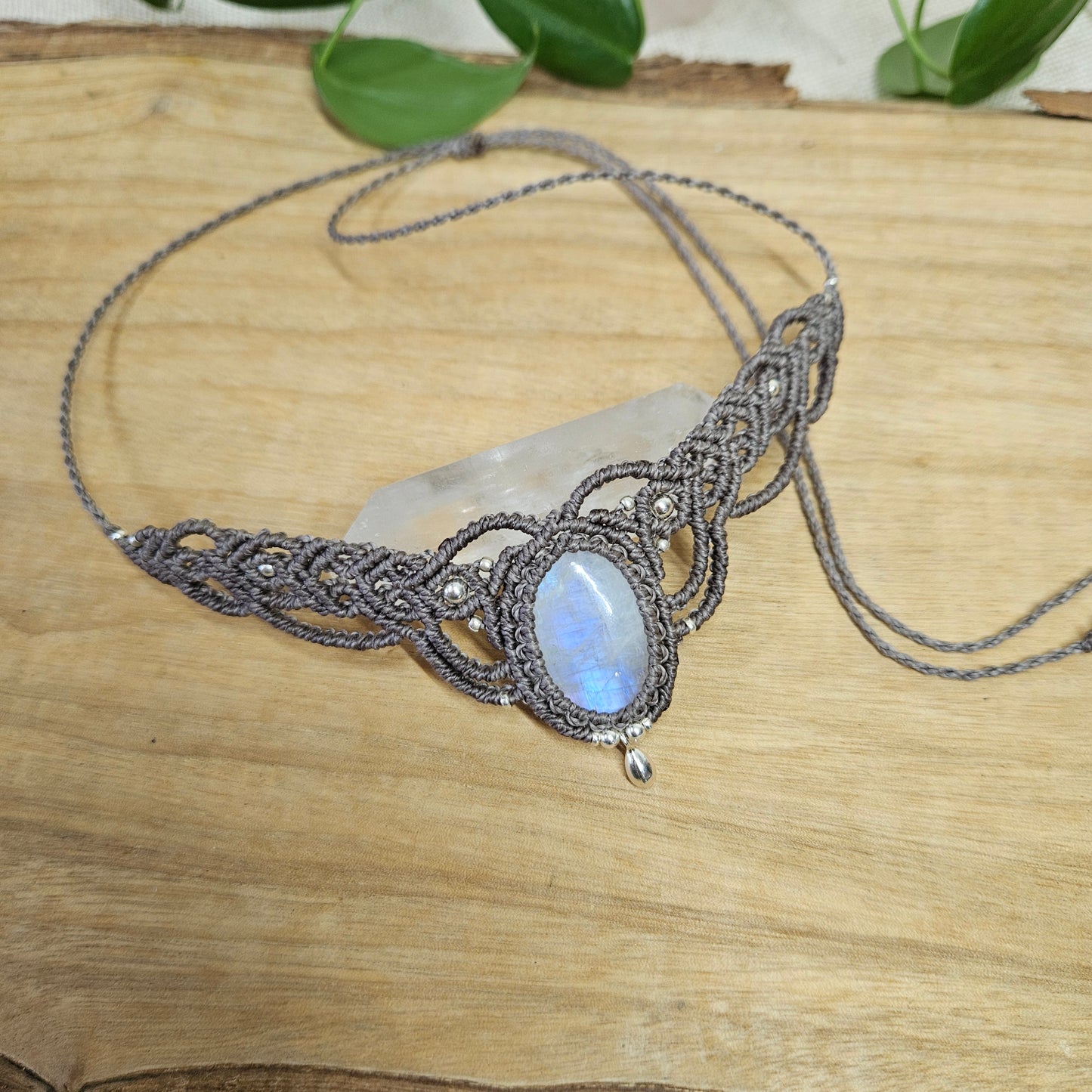 Moonstone Woven Choker Necklace - Silver drop