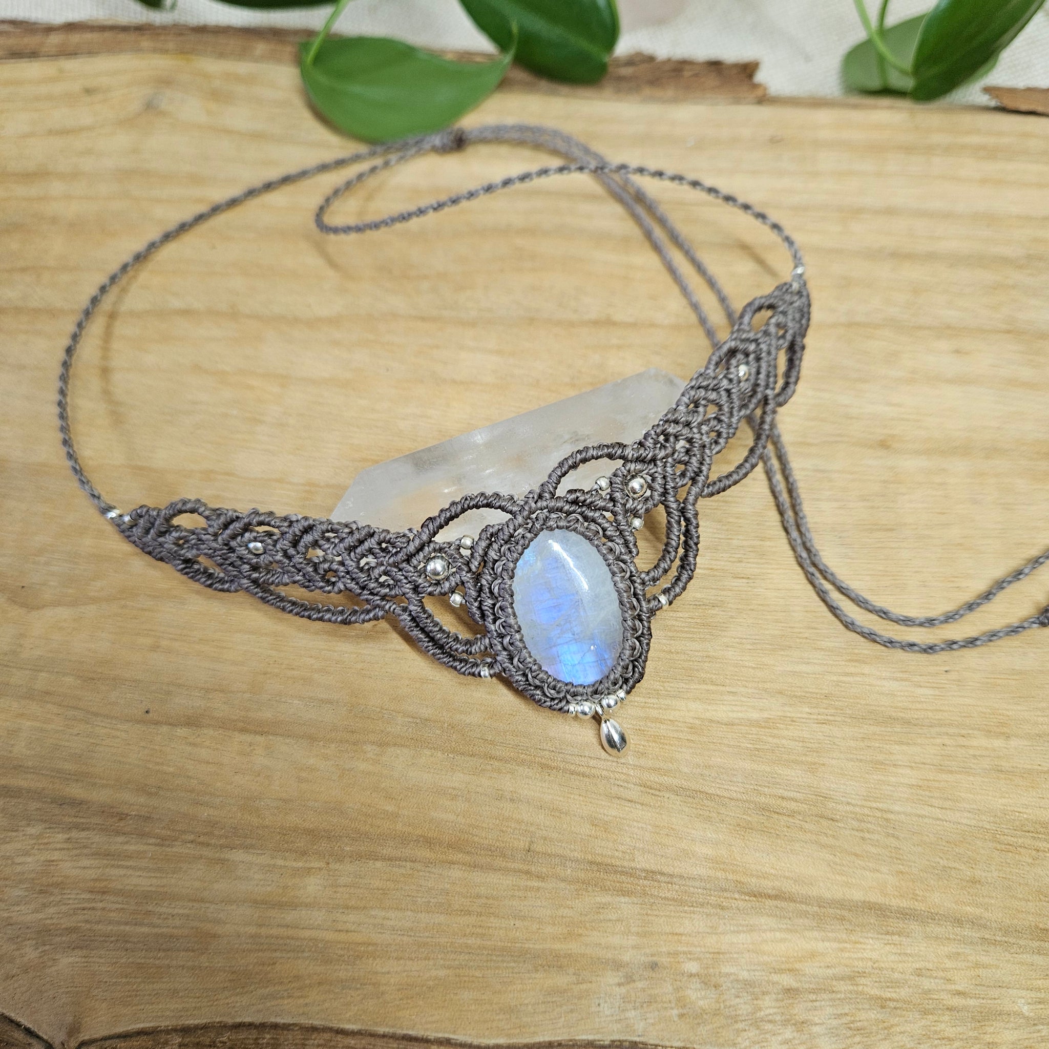 Moonstone Woven Choker Necklace - Silver drop