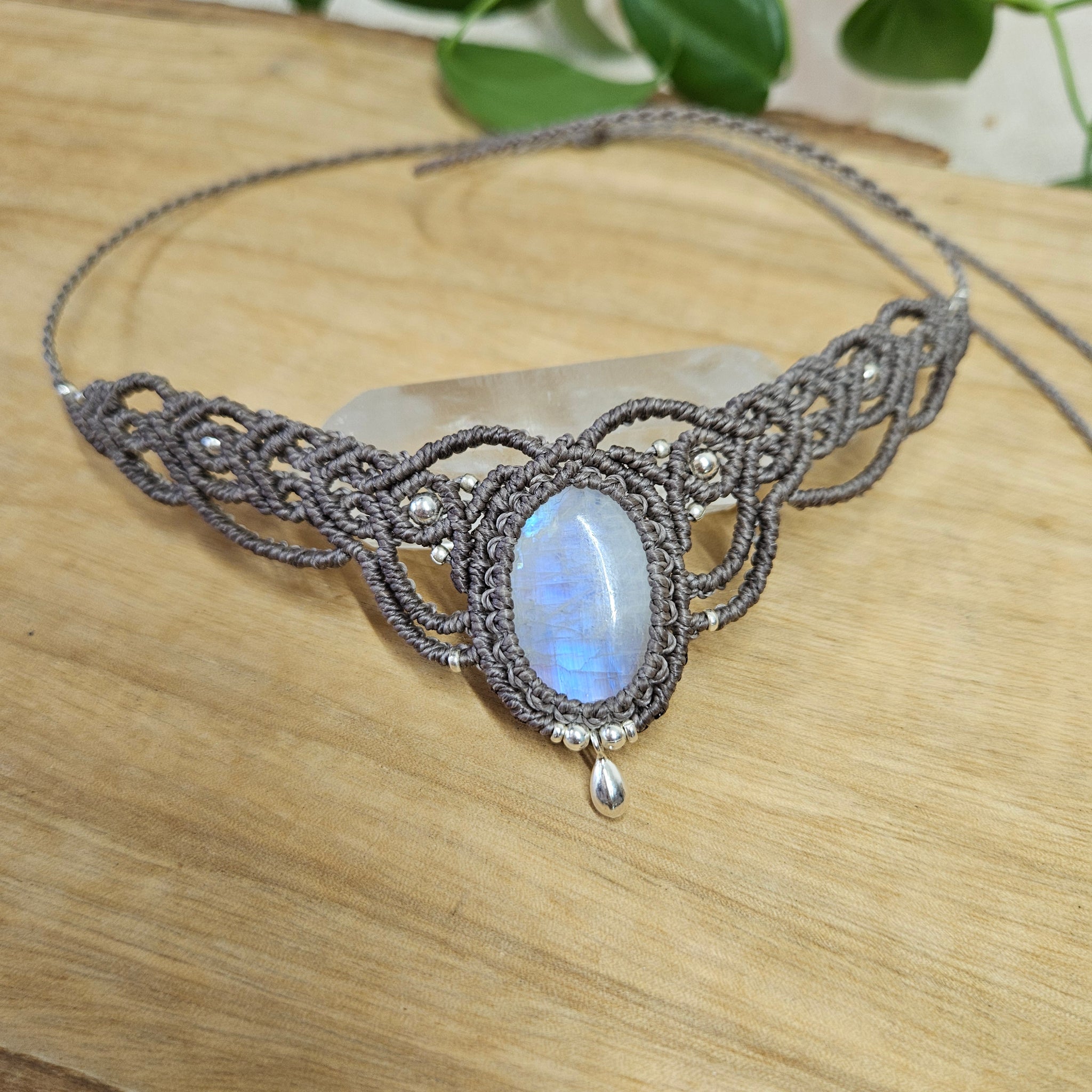 Moonstone Woven Choker Necklace - Silver drop