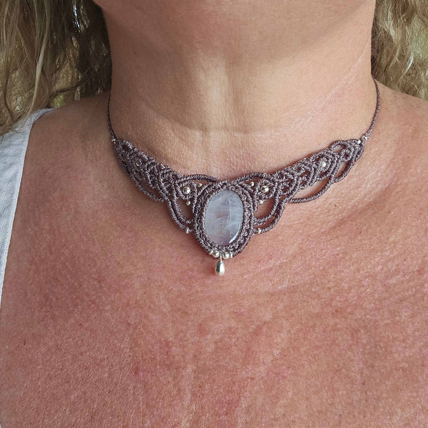 Moonstone Woven Choker Necklace - Silver drop
