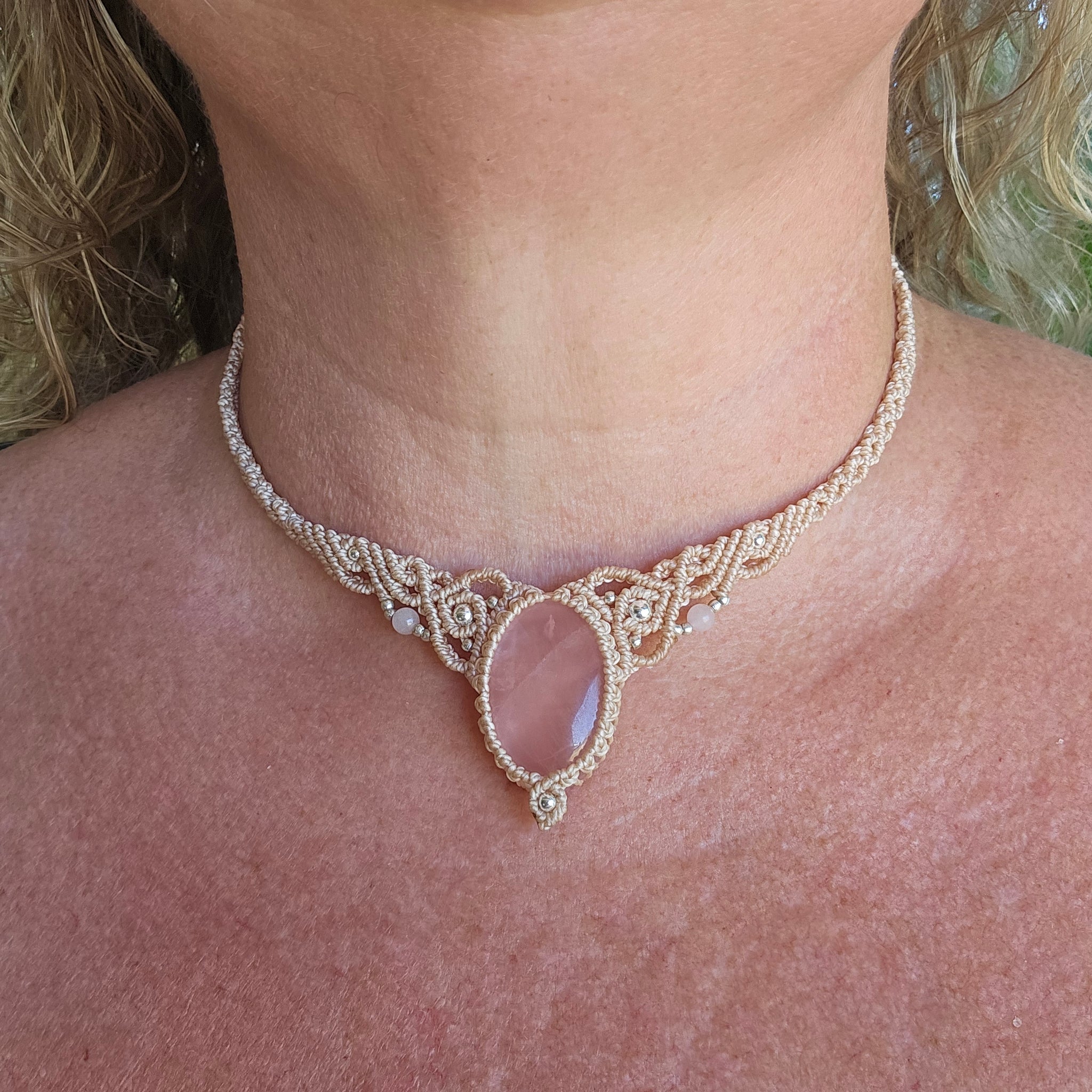 Rose Quartz Woven Choker Necklace