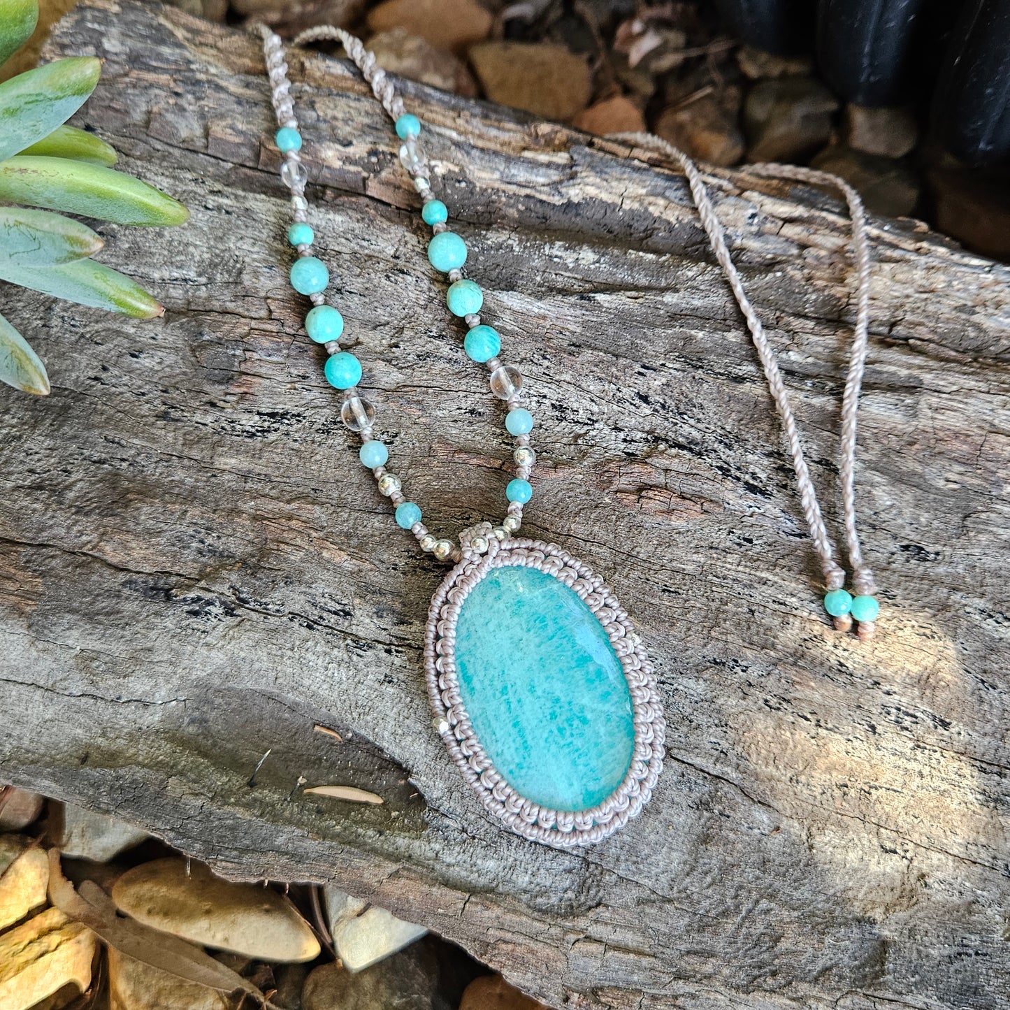 Ritual Collection Macrame Wrap Necklace - Amazonite in Taupe