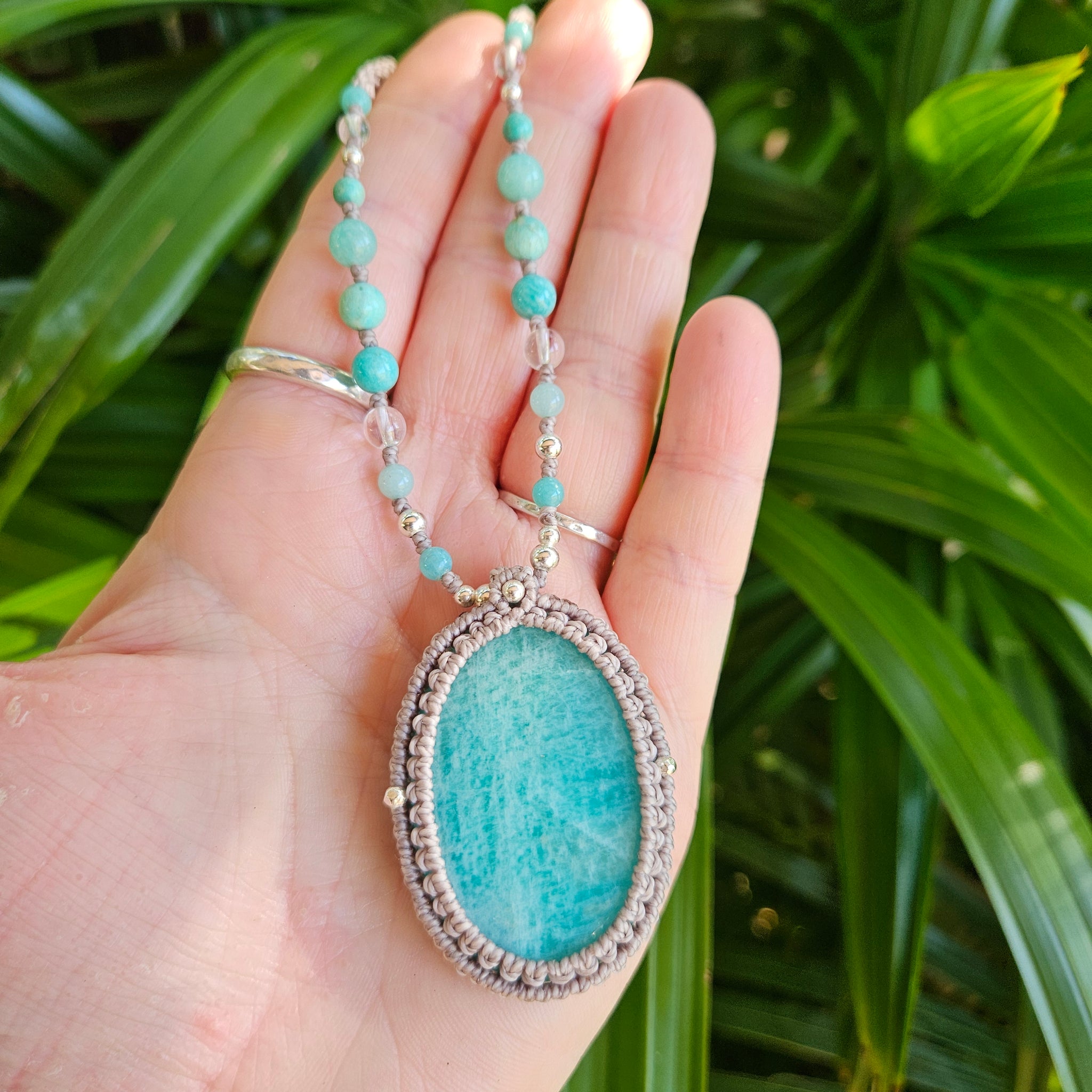 Ritual Collection Macrame Wrap Necklace - Amazonite in Taupe