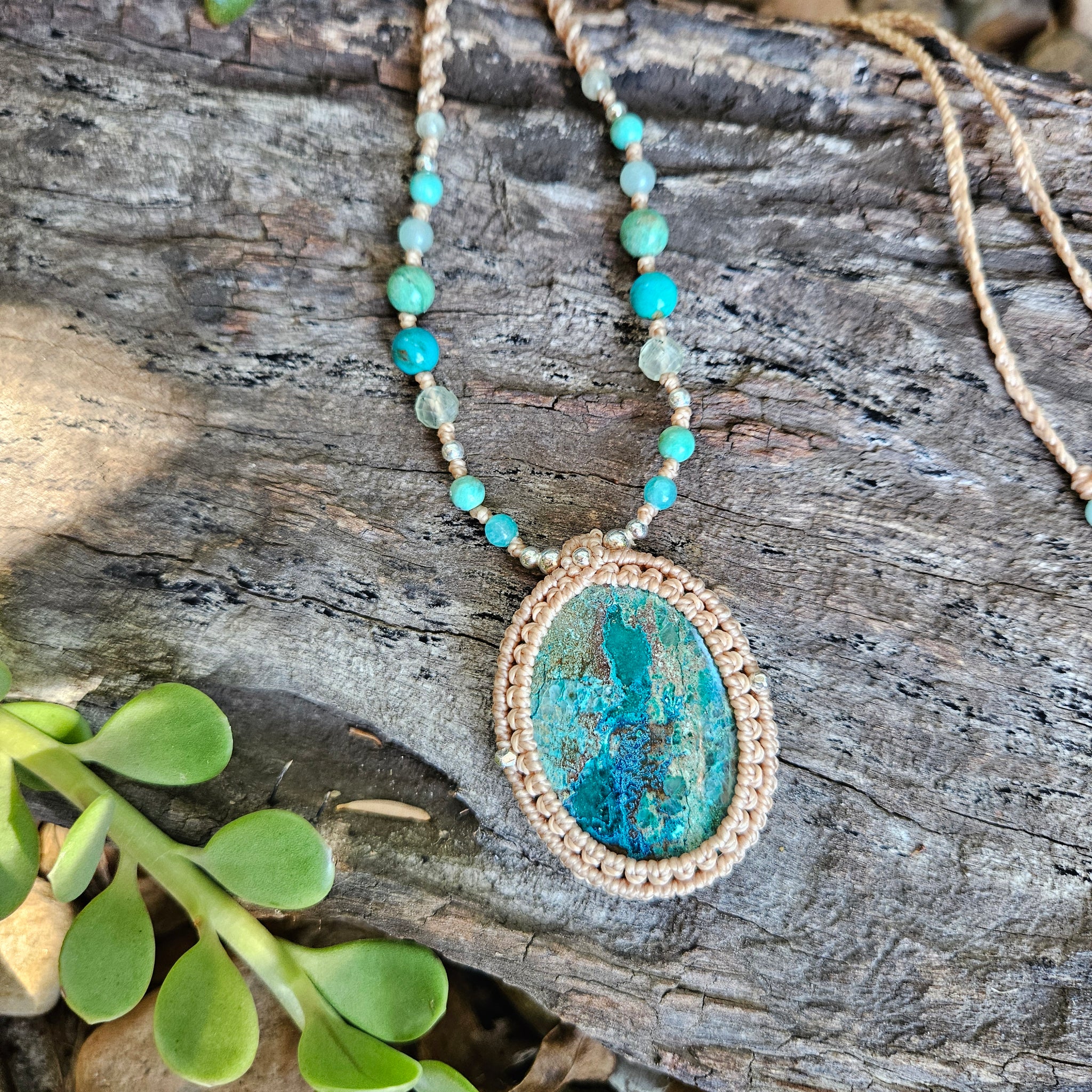 Ritual Collection Macrame Wrap Necklace - Chrysocolla in Sand