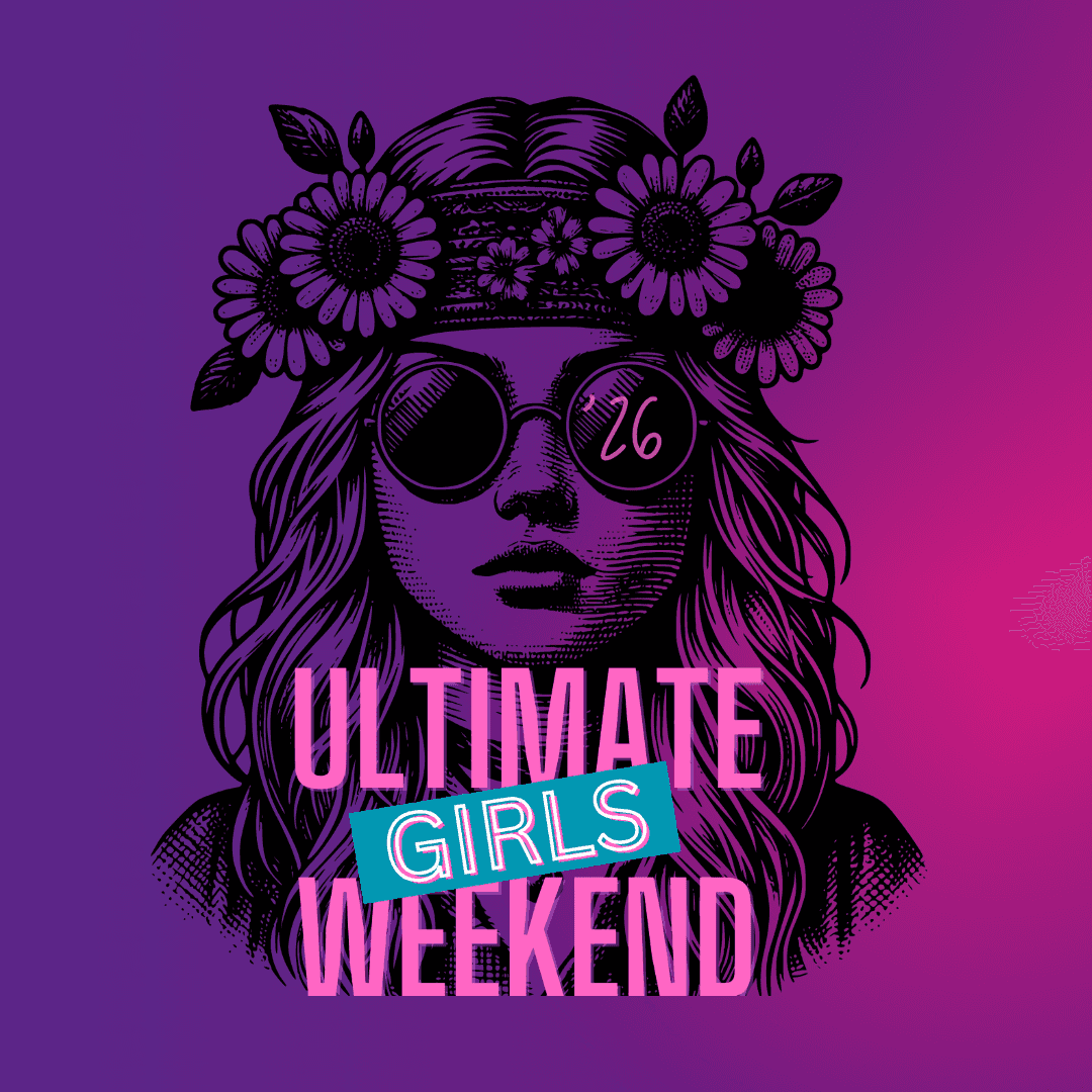 Illustration of a woman with flowers and sunglasses on a purple and pink gradient background with 'Ultimate Girls Weekend' text.