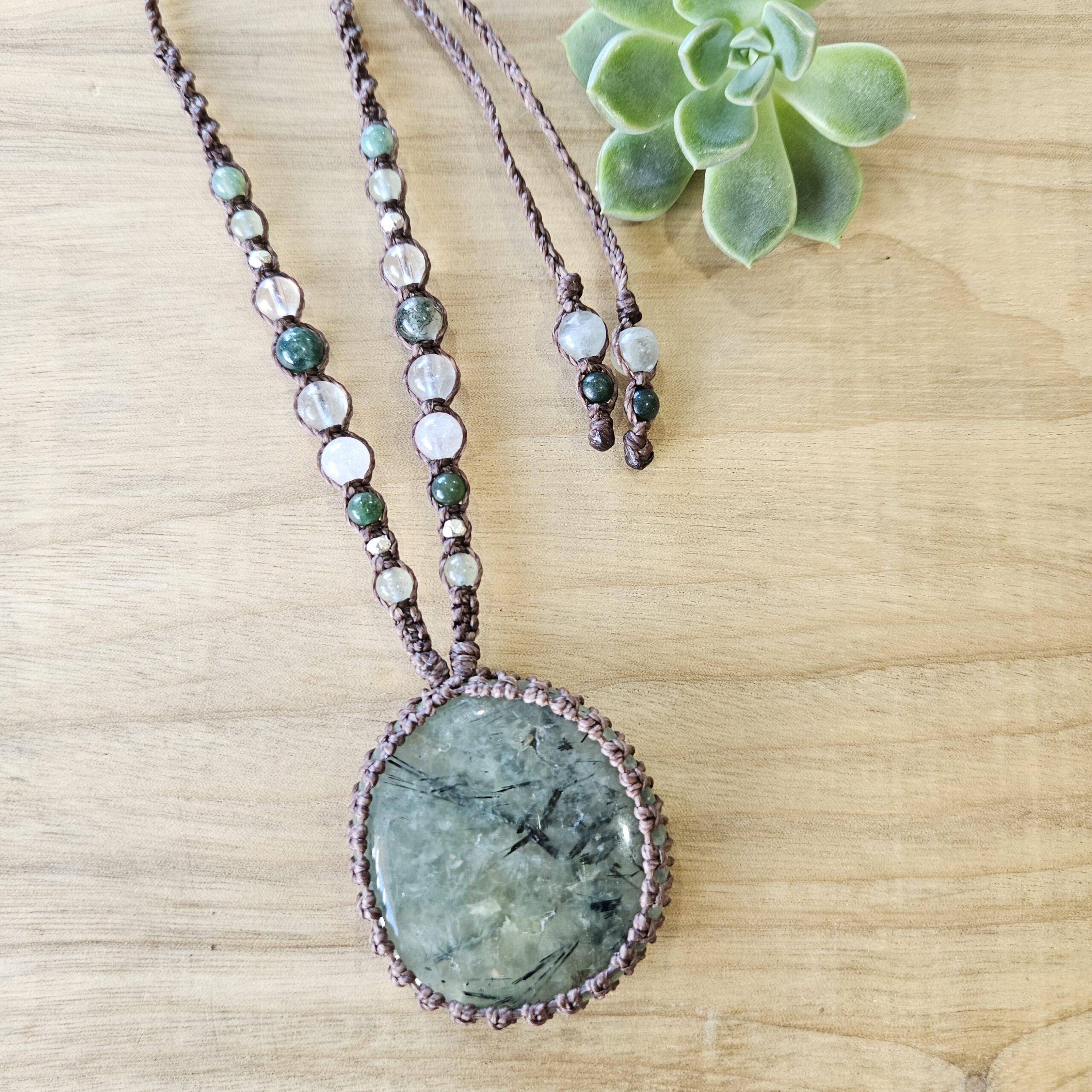 Prehnite Macrame Necklace Matte Brown Soulful Stones