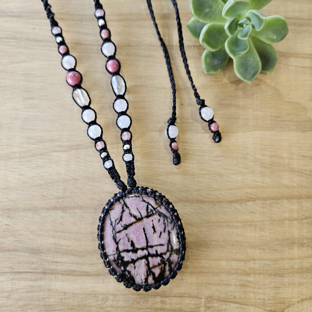 Pink Moonstone and Rhodonite macrame necklace/ outlets Macrame leaf earings with Rhodonite chips/ Macrame Jewelry Set