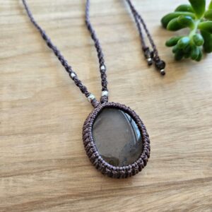 Smoky Quartz & Silver Macrame Necklace - Matte Brown