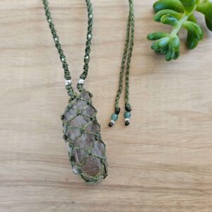 Smoky Quartz Point Macrame Necklace - Green