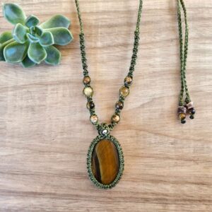 Tiger eye pendant macrame necklace wrapped in green cord
